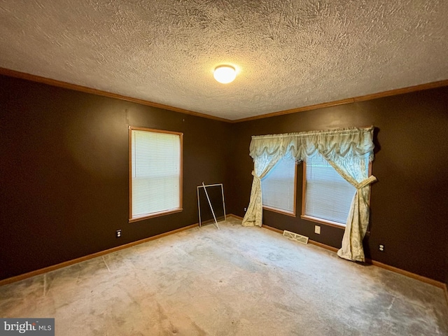 carpeted spare room with crown molding and a textured ceiling