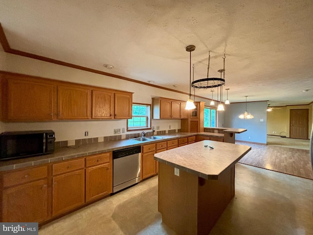 kitchen featuring ceiling fan with notable chandelier, stainless steel dishwasher, light wood-type flooring, decorative light fixtures, and a kitchen island