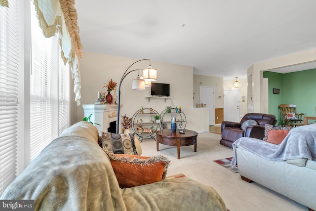 living room with light colored carpet