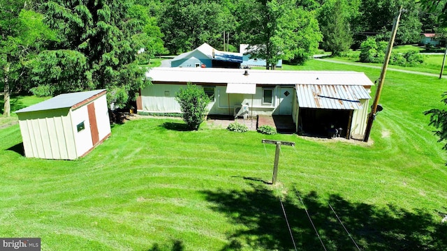 exterior space with a storage shed