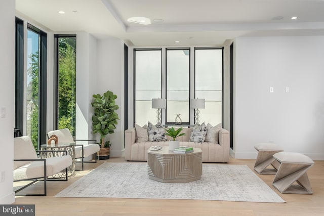 sitting room with wood-type flooring and expansive windows