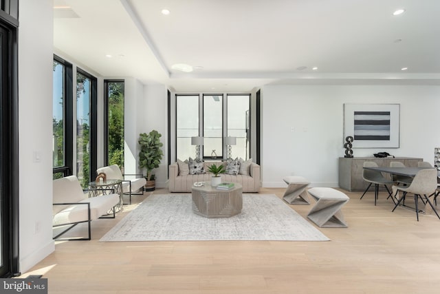 living room with light hardwood / wood-style floors and a wall of windows