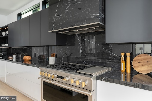 kitchen with light wood-type flooring, stainless steel stove, and tasteful backsplash