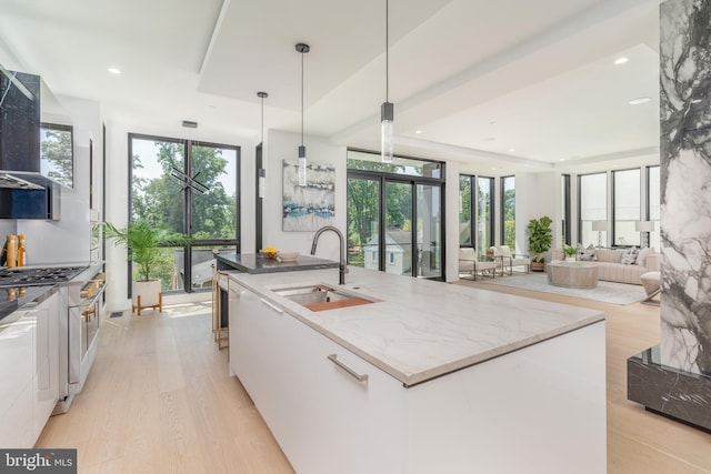 kitchen featuring light stone counters, sink, pendant lighting, white cabinetry, and an island with sink