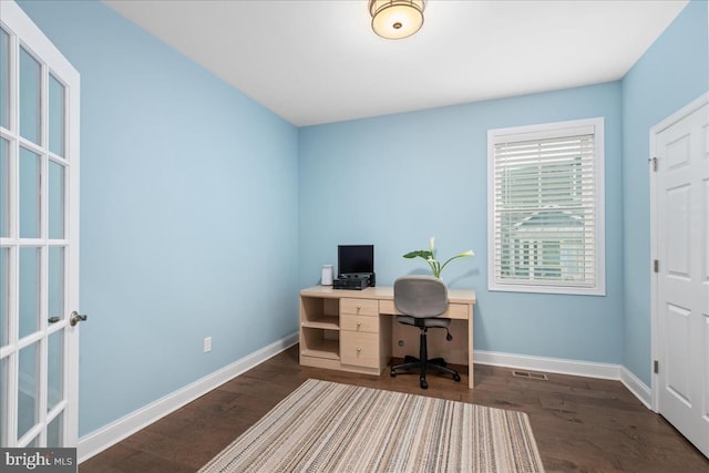 office area with dark hardwood / wood-style flooring