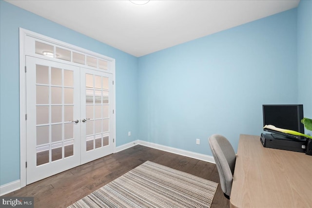 home office with french doors and dark wood-type flooring