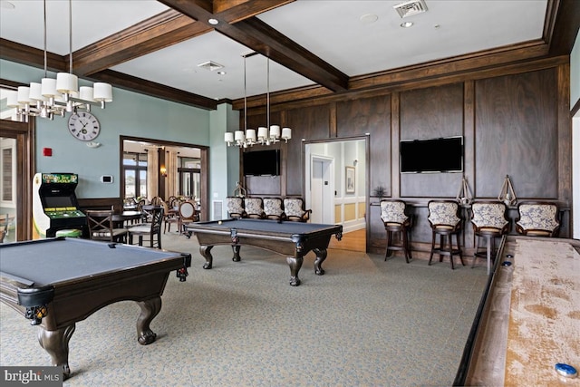 recreation room featuring coffered ceiling, ornamental molding, wood-type flooring, beam ceiling, and billiards