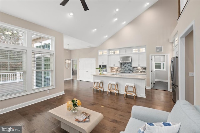 living room with ceiling fan, dark hardwood / wood-style flooring, high vaulted ceiling, and sink