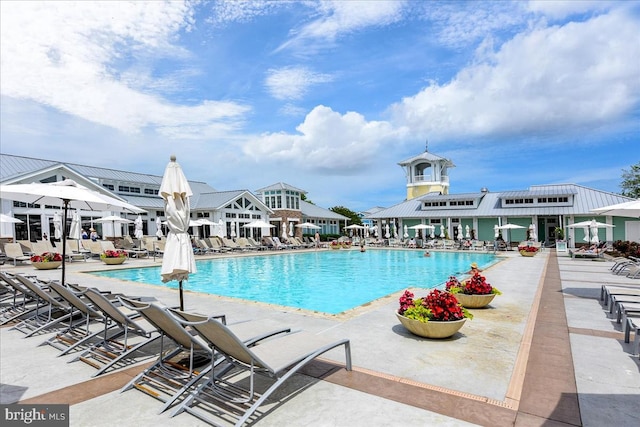 view of swimming pool featuring a patio