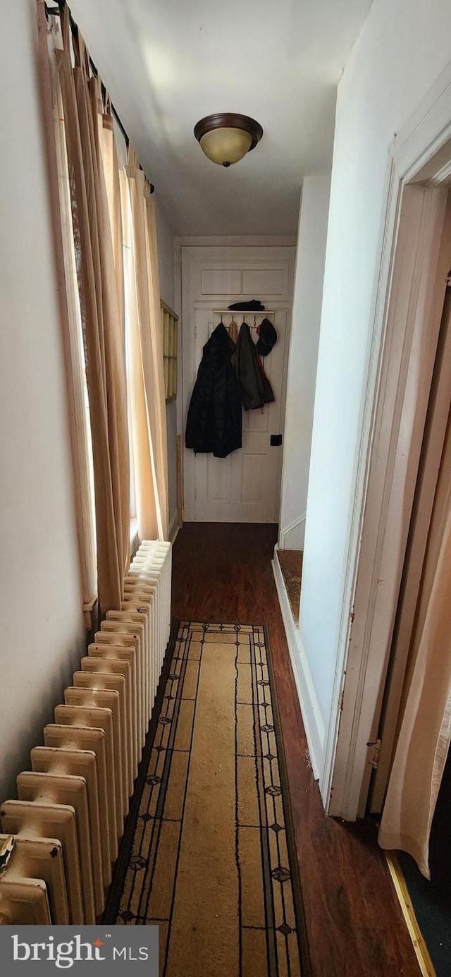 corridor with dark hardwood / wood-style flooring