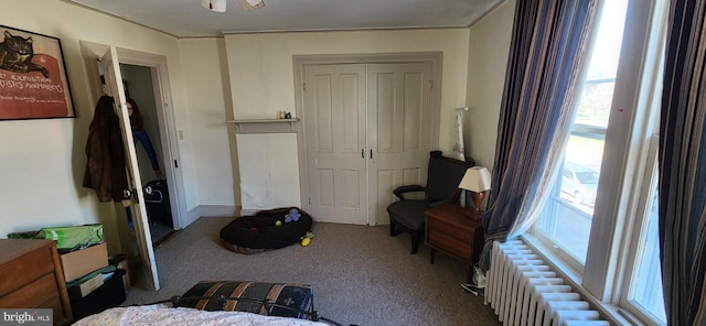 carpeted bedroom featuring a closet and radiator heating unit