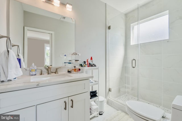 bathroom featuring vanity, toilet, and walk in shower