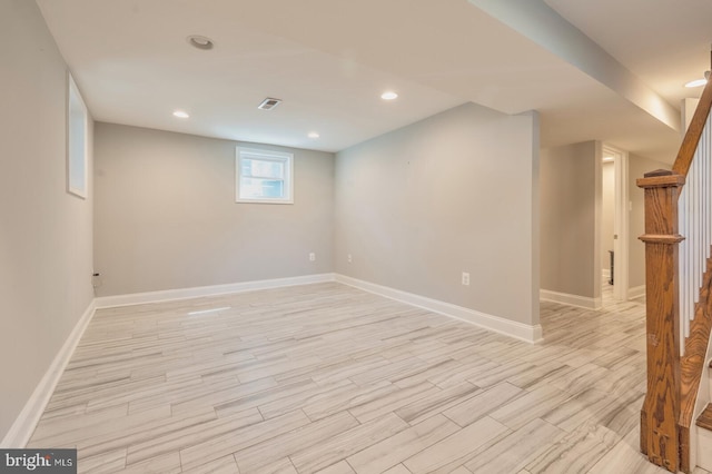 basement with light wood-type flooring