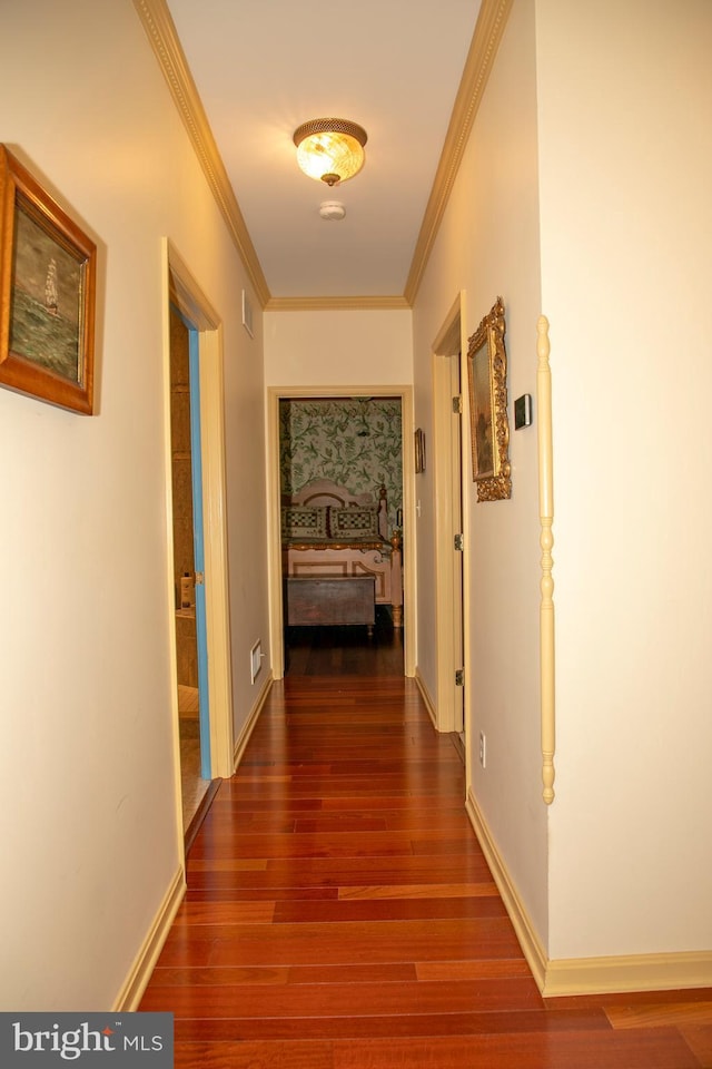 corridor with crown molding and dark hardwood / wood-style flooring