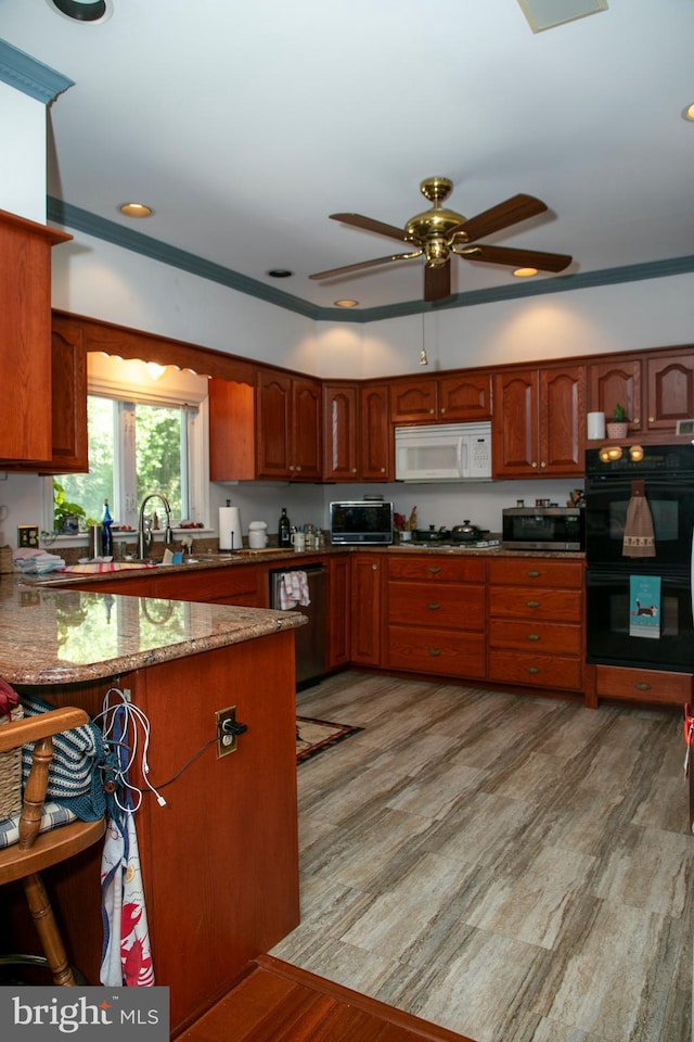 kitchen with sink, light hardwood / wood-style flooring, ceiling fan, appliances with stainless steel finishes, and stone countertops