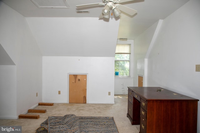 bonus room with light carpet, ceiling fan, and vaulted ceiling