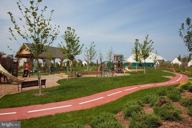 view of play area featuring a lawn