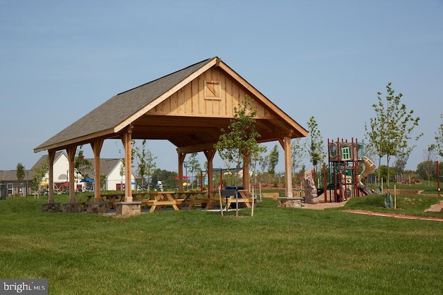 view of community featuring a gazebo, a yard, and a playground