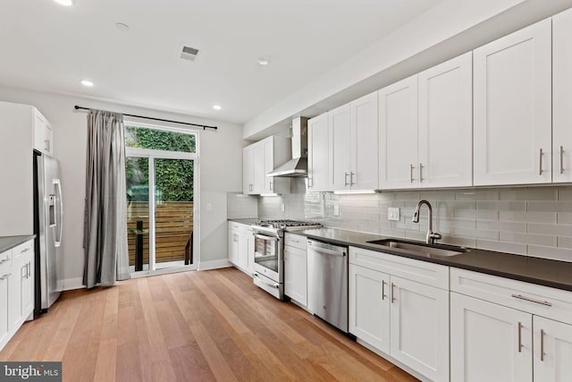 kitchen featuring sink, white cabinetry, appliances with stainless steel finishes, and wall chimney exhaust hood