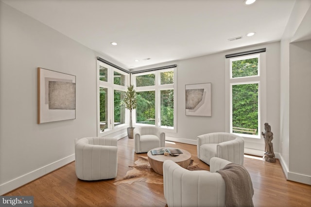 living area with baseboards, light wood-style flooring, and a healthy amount of sunlight