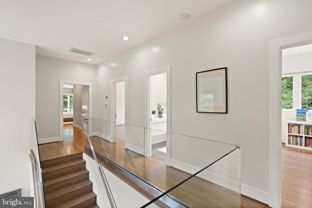 hallway featuring a healthy amount of sunlight, visible vents, and dark wood finished floors