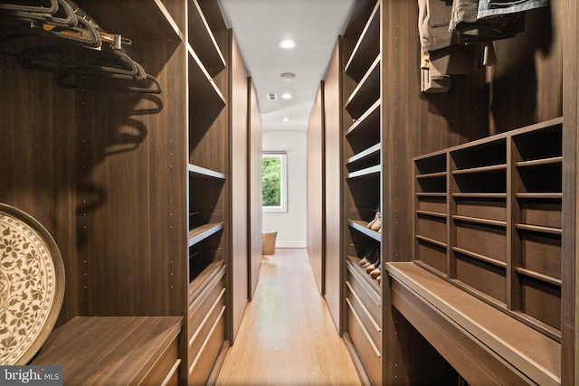 walk in closet with light wood finished floors