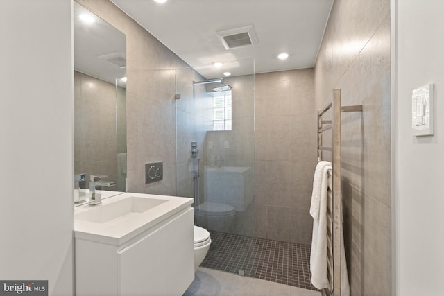 full bath featuring toilet, walk in shower, visible vents, and tile patterned floors