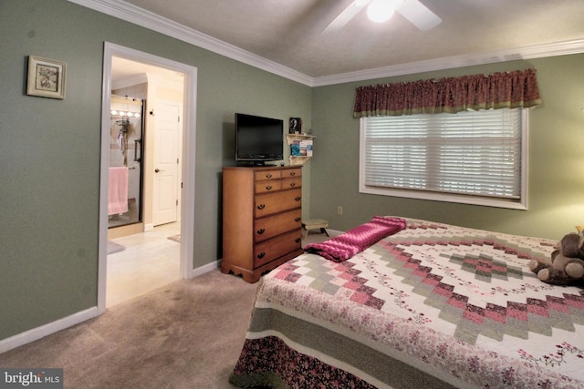 bedroom featuring carpet floors, ceiling fan, and crown molding