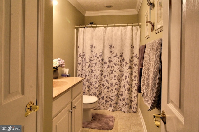 bathroom featuring ornamental molding, a textured ceiling, vanity, tile patterned flooring, and toilet