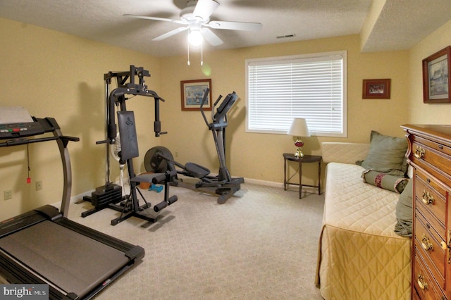 exercise area featuring ceiling fan and carpet floors