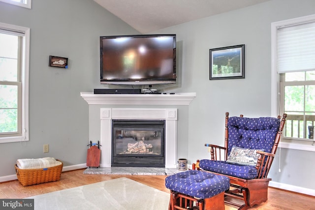 sitting room with wood-type flooring and lofted ceiling