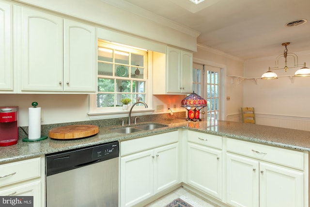 kitchen with white cabinetry, sink, stainless steel dishwasher, and kitchen peninsula