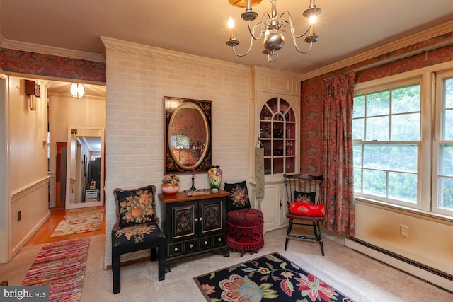 sitting room featuring light carpet, a notable chandelier, crown molding, and a baseboard radiator