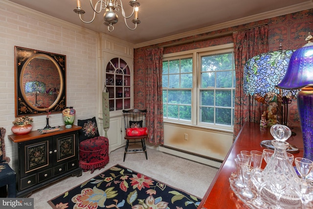 living area featuring crown molding, carpet, a baseboard heating unit, and a chandelier