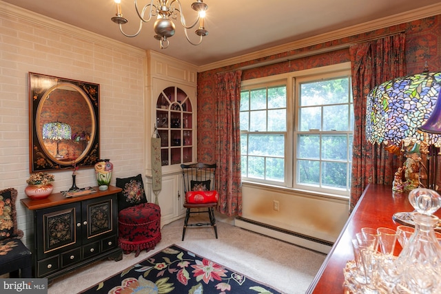 living area with a baseboard heating unit, crown molding, a chandelier, and carpet flooring