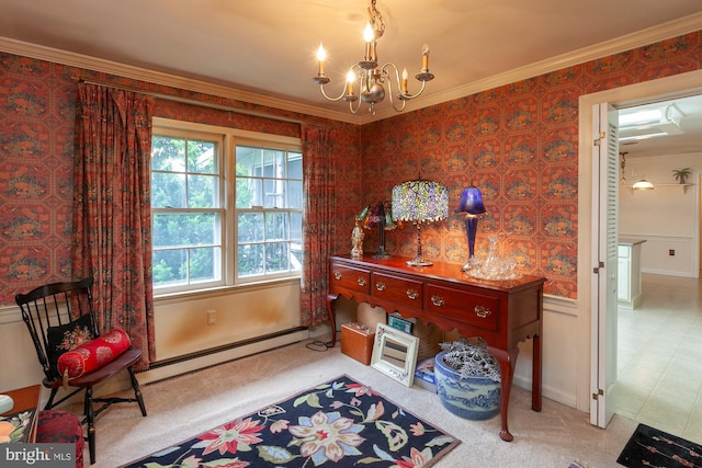 living area with baseboard heating, light colored carpet, crown molding, and a notable chandelier