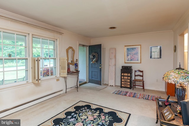 interior space with ornamental molding and baseboard heating