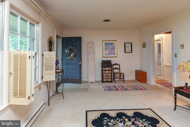 carpeted foyer featuring ornamental molding and a baseboard radiator