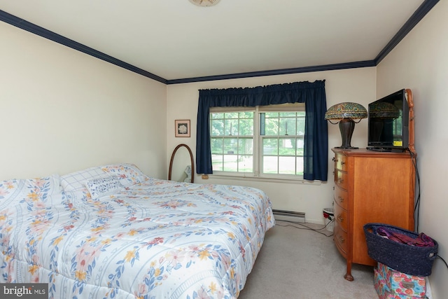 bedroom with a baseboard radiator, ornamental molding, and light carpet