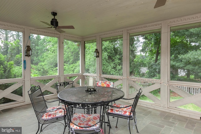 sunroom featuring ceiling fan