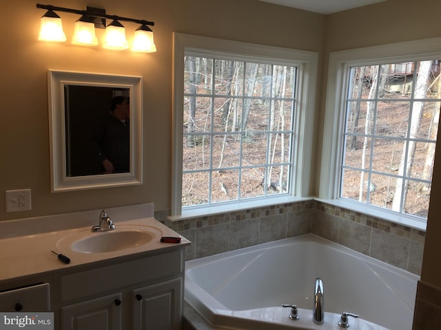 full bathroom with a bath and vanity