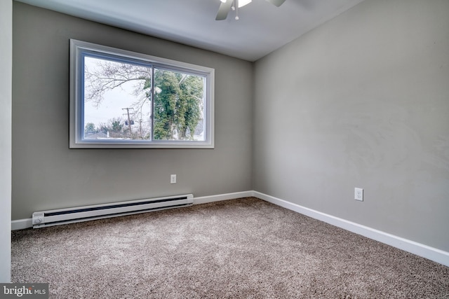 empty room with carpet flooring, ceiling fan, and a baseboard heating unit