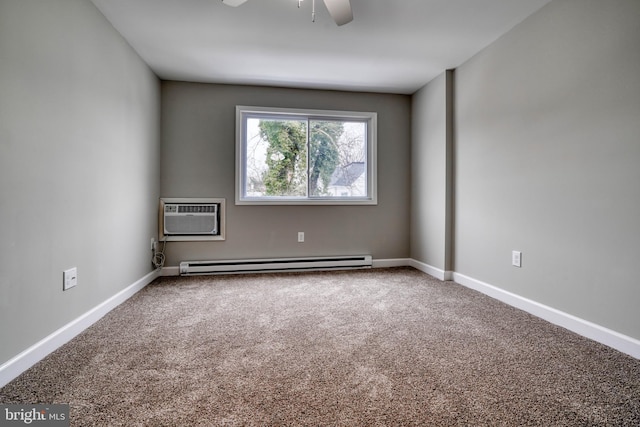 empty room featuring carpet flooring, a wall mounted AC, a baseboard heating unit, and ceiling fan