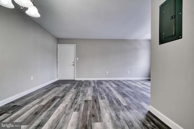 unfurnished room with wood-type flooring and electric panel