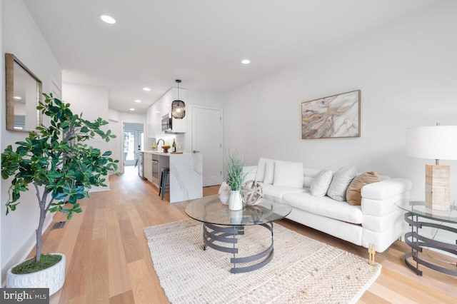 living room featuring sink and light wood-type flooring