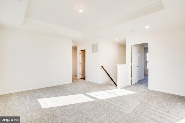 spare room with light carpet and a tray ceiling