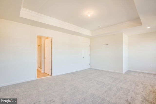 carpeted spare room with a raised ceiling and ornamental molding