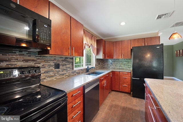 kitchen featuring tasteful backsplash, crown molding, sink, dark wood-type flooring, and black appliances