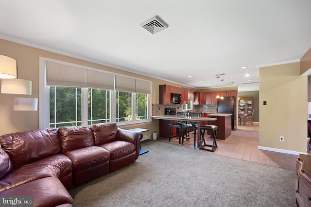 tiled living room with crown molding