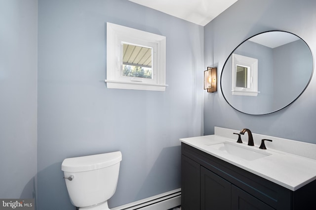 bathroom featuring vanity, toilet, and a baseboard heating unit